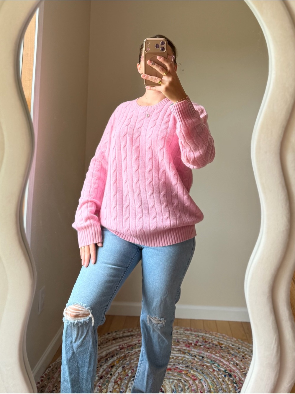 CASHMERE Ralph Lauren Pink Cable Knit Crewneck Sweater